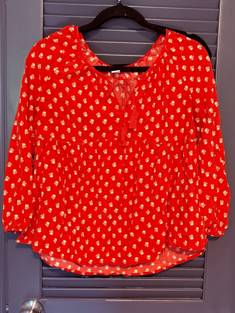 Old Navy Red Floral Tie-Neck Peasant Top
